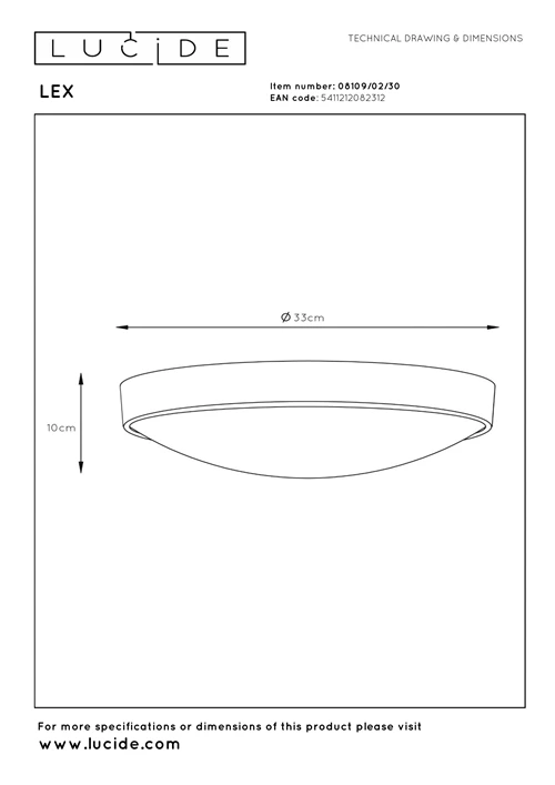 Lucide LEX - Plafonnière - Ø 33 cm - 2xE27 - Zwart - technisch